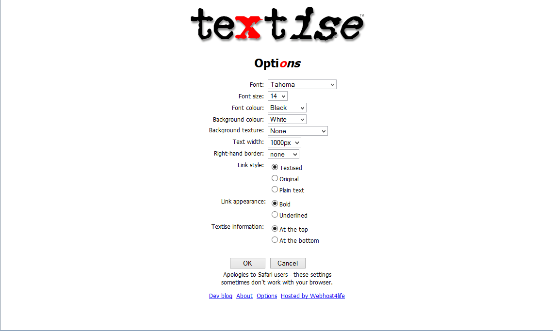 Textise Options page